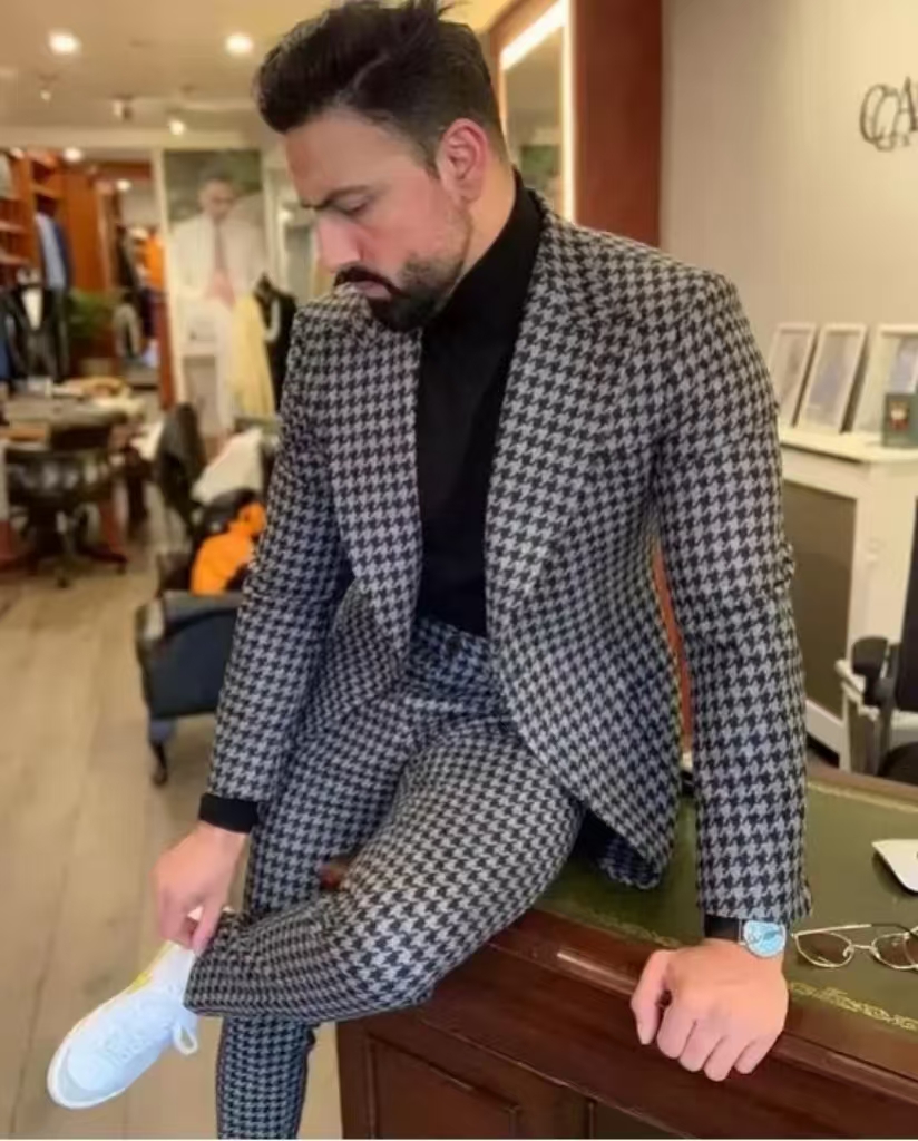 Men'S Vintage Formal Wear - Houndstooth Vintage Herenpak Piek Revers 2-delige