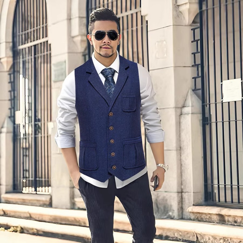 Men'S Vintage Formal Wear - Heren herringbone tweed pakvest met notch