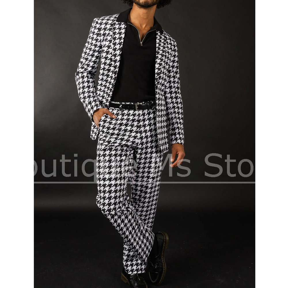 Men Formal Wear Fashion - Zwart Wit Houndstooth Herenpak Slim Fit